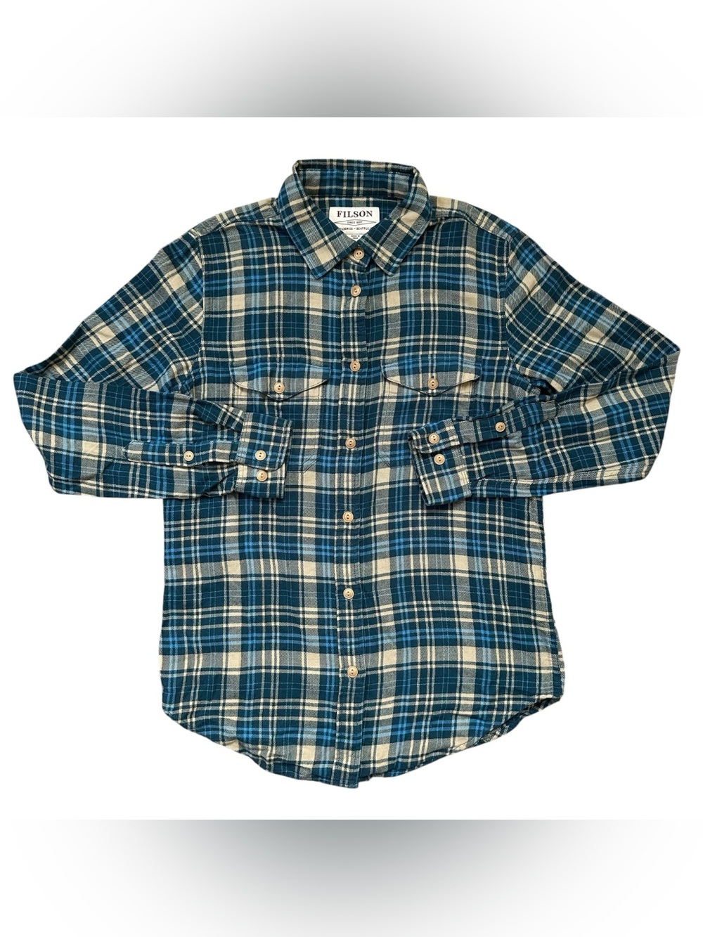 Filson Ladies Blue Tan Plaid 100% Cotton Button Down Long Sleeve Shirt Small